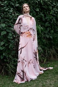 Vestido Longo Decote V Mangas Longas