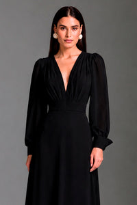 Vestido Longo Decote V Mangas Longas