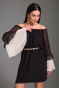 Vestido Curto Bicolor Com Mangas Longas