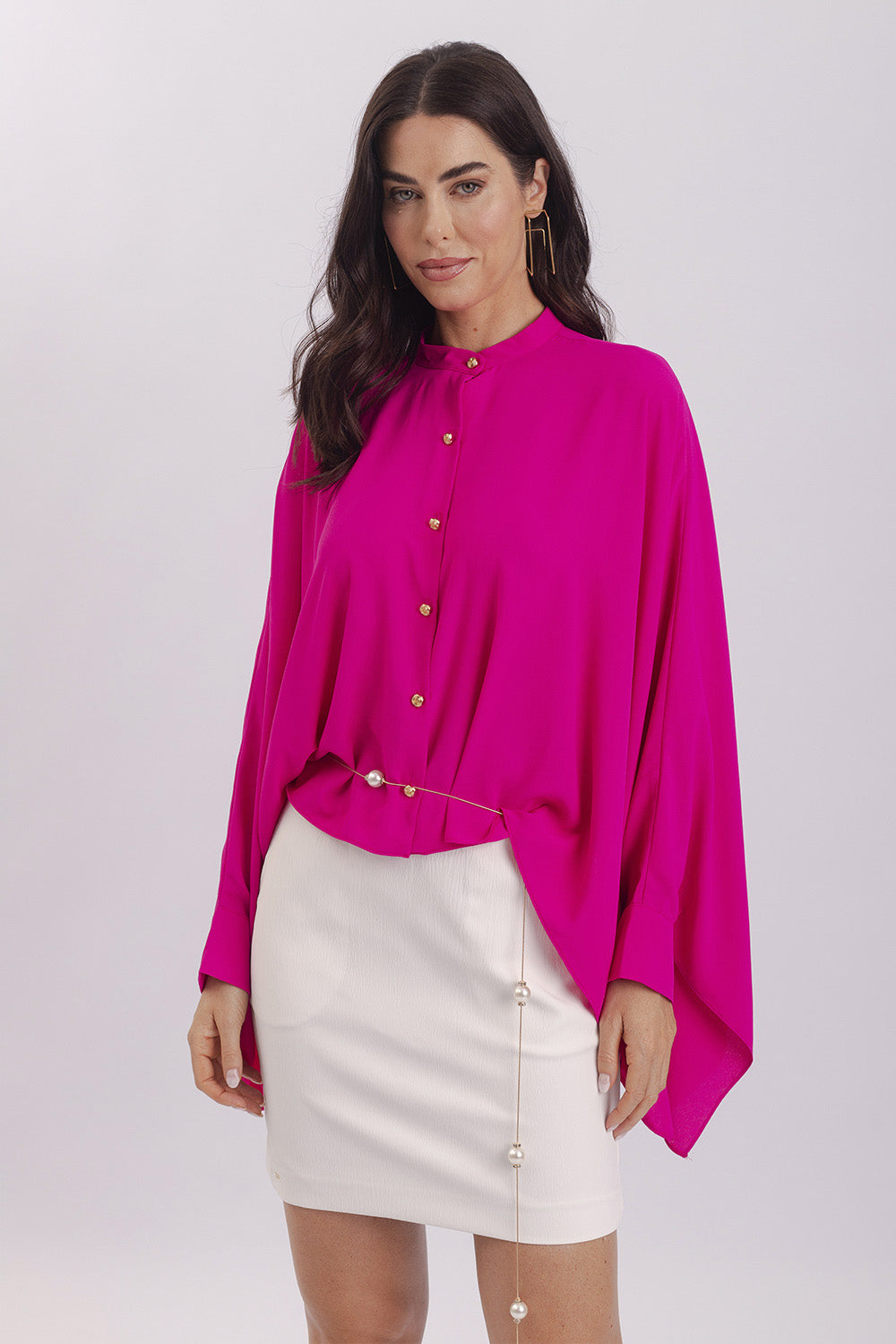 Camisa Ampla Lisa Com Mangas Lenço