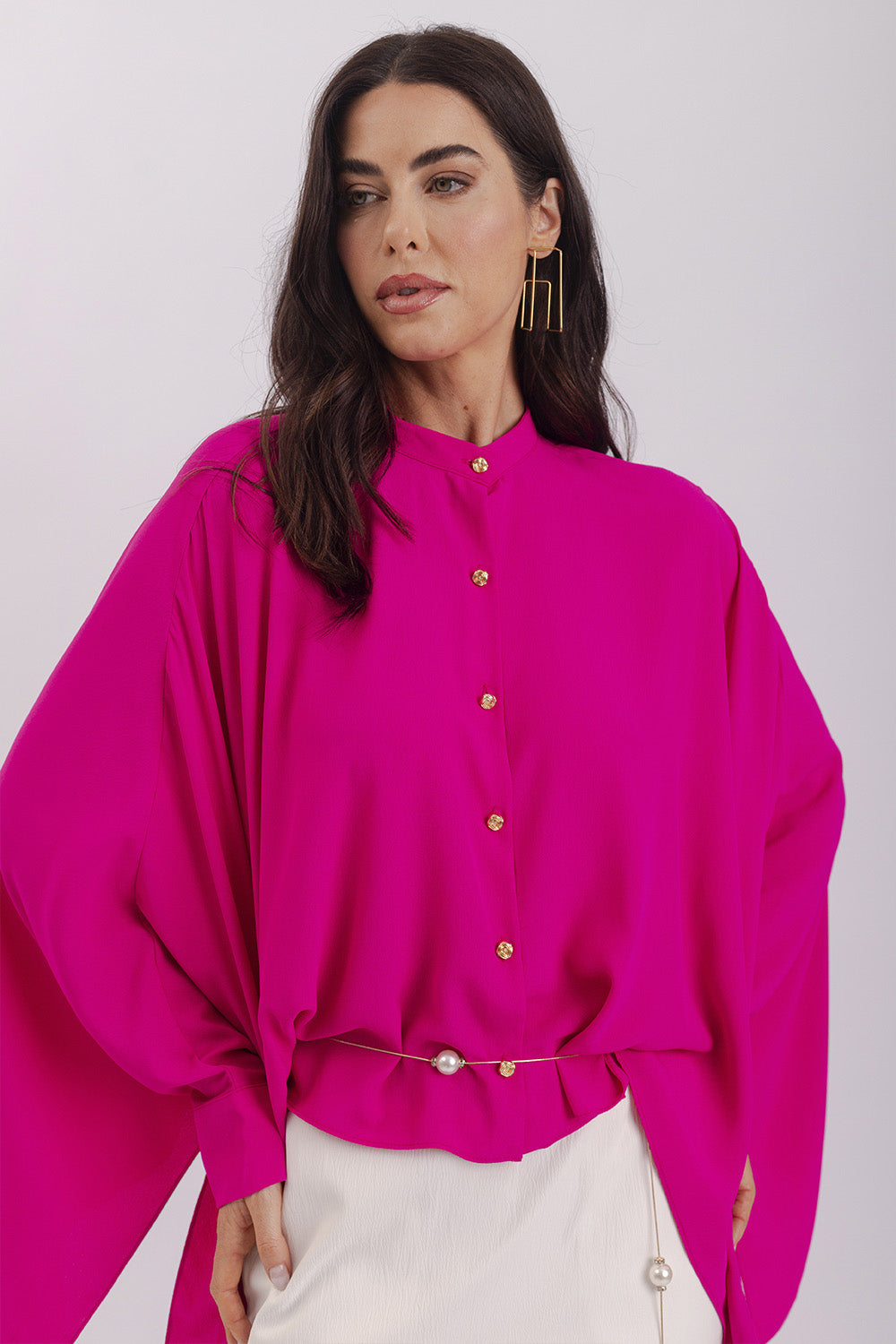Camisa Ampla Lisa Com Mangas Lenço