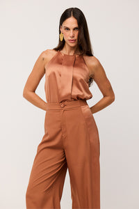 Calça Pantalona Lisa Com Recortes Acetinado