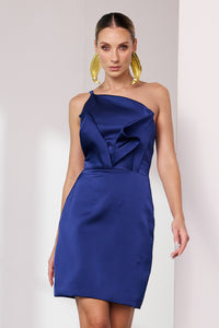 Vestido Curto Liso Acetinado Decote Pétala