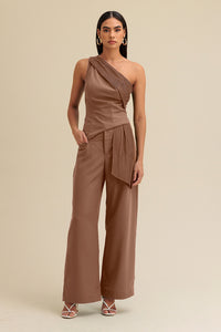 Calça Wide Lisa Com Bolsos Diferenciados