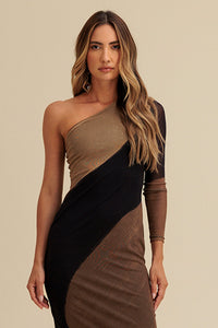 Vestido Super Midi Estampado Ombro Único