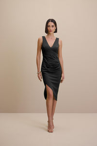 Vestido Super Midi Liso Com Pregas