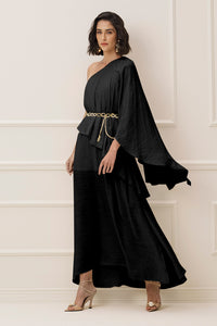 Vestido Longo Liso Ombro Único Com Camadas
