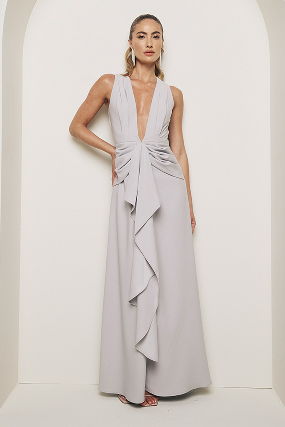 Vestido Longo Liso Decote V