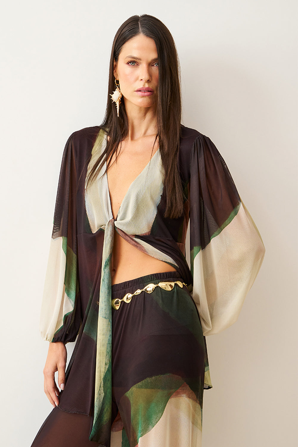 Blusa Alongada Estampada Com Amarração