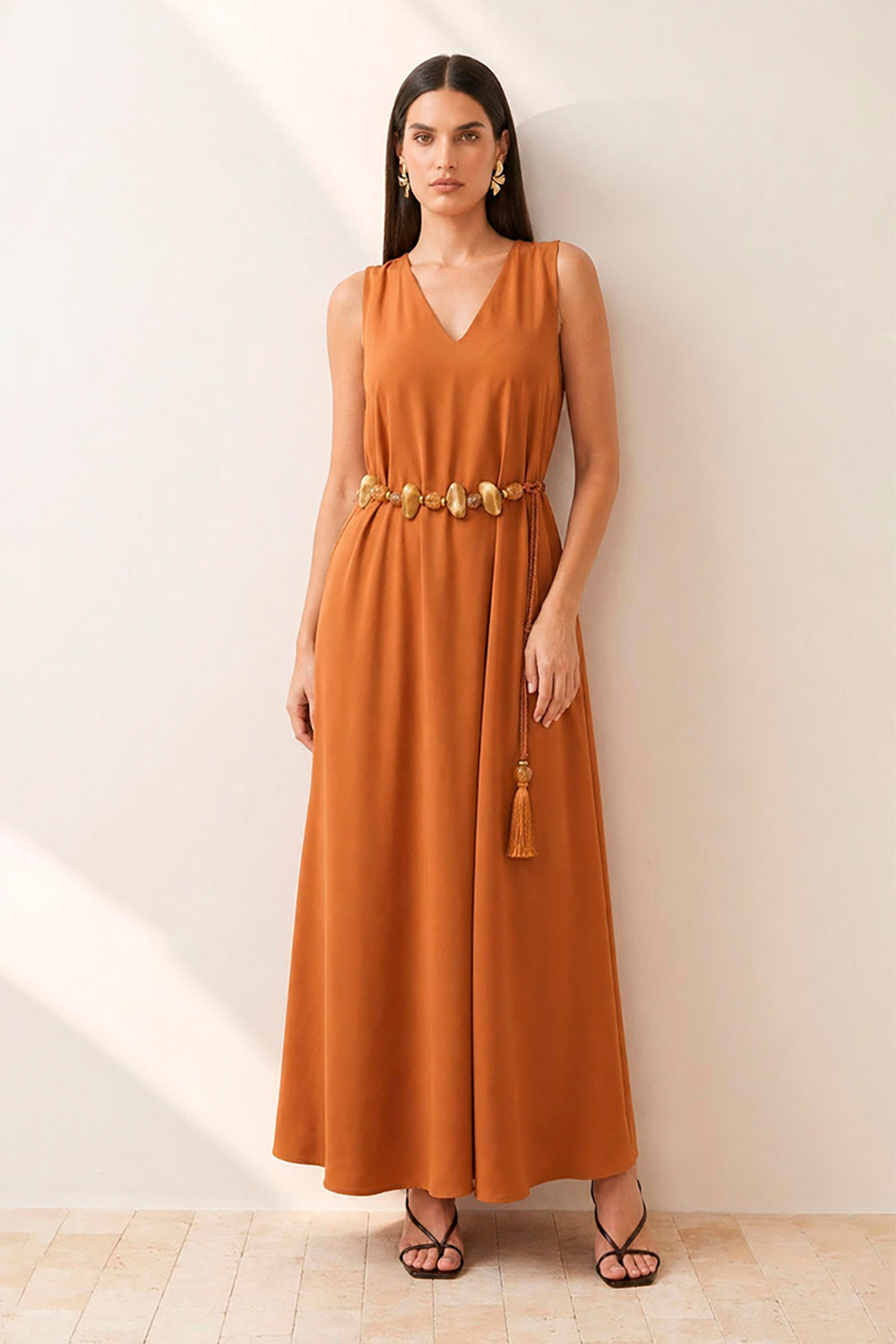 Vestido Longo Liso Com Decote V