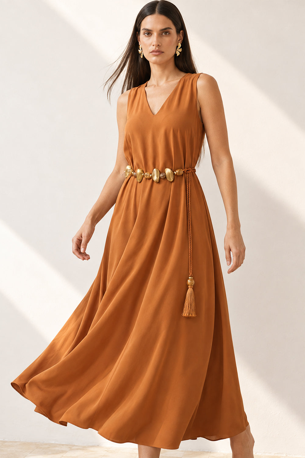 Vestido Longo Liso Com Decote V