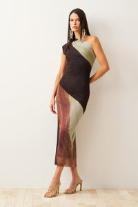 Vestido Midi Estampado Ombro Único