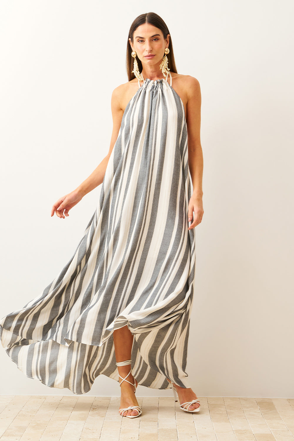 Vestido Longo Listrado Frente Única
