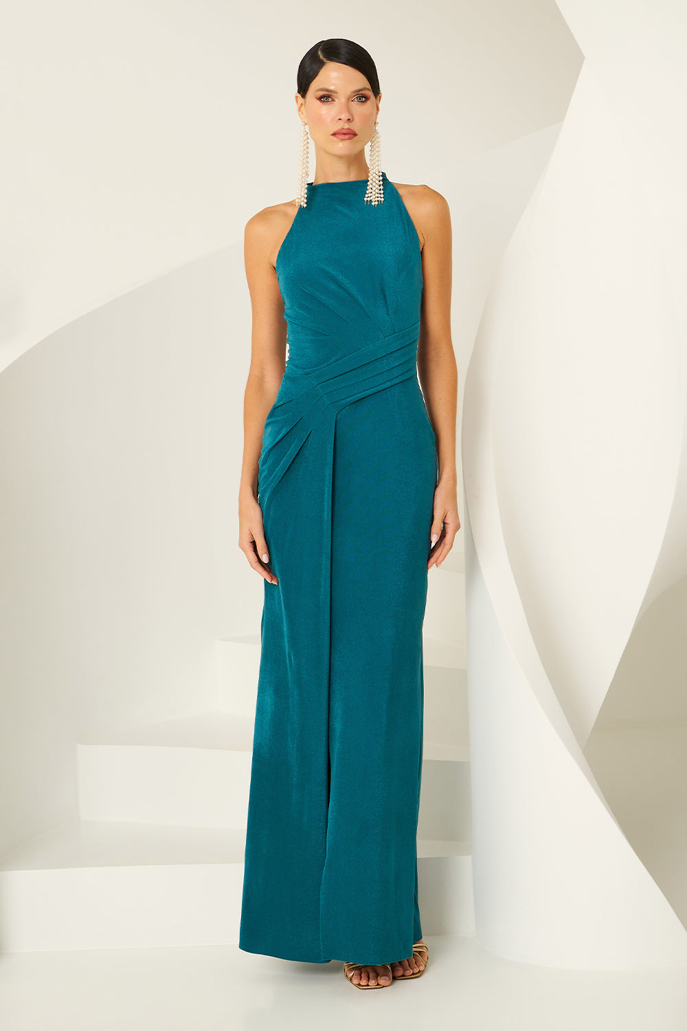 Vestido Longo Liso Drapeado