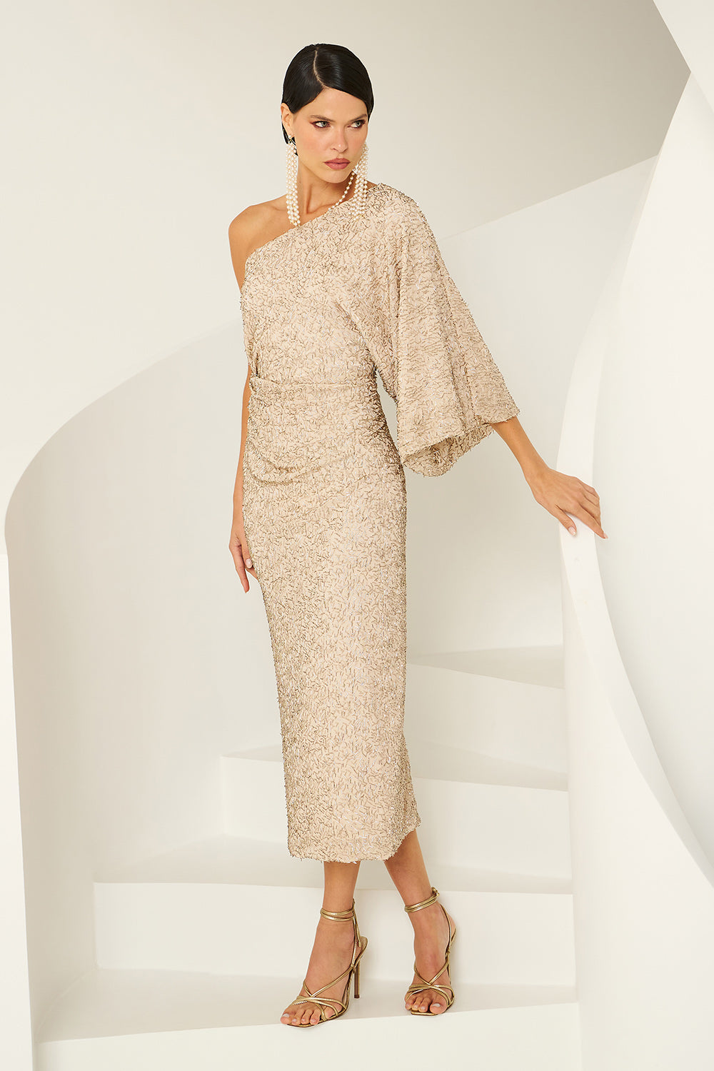 Vestido Super Midi Texturizado Manga Única